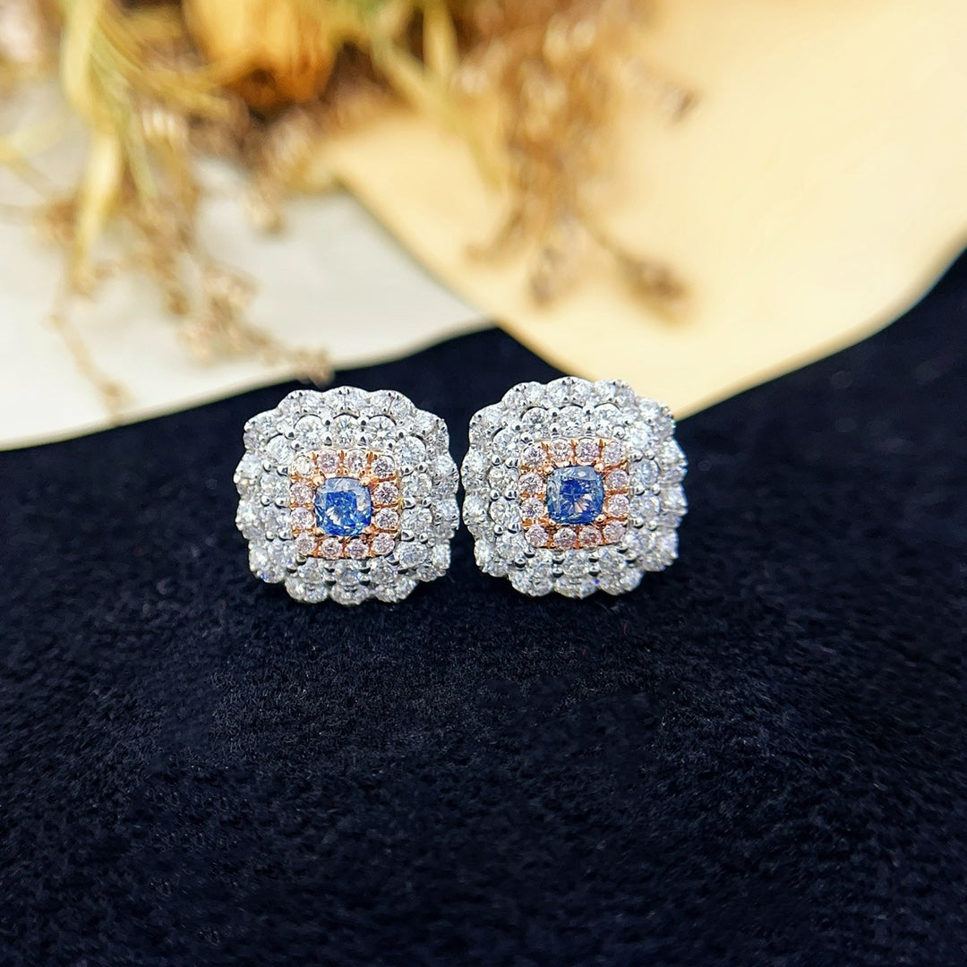 18K Gold Blue Diamond Cushion-Cut Halo Stud Earrings Jeweler.Jewelry