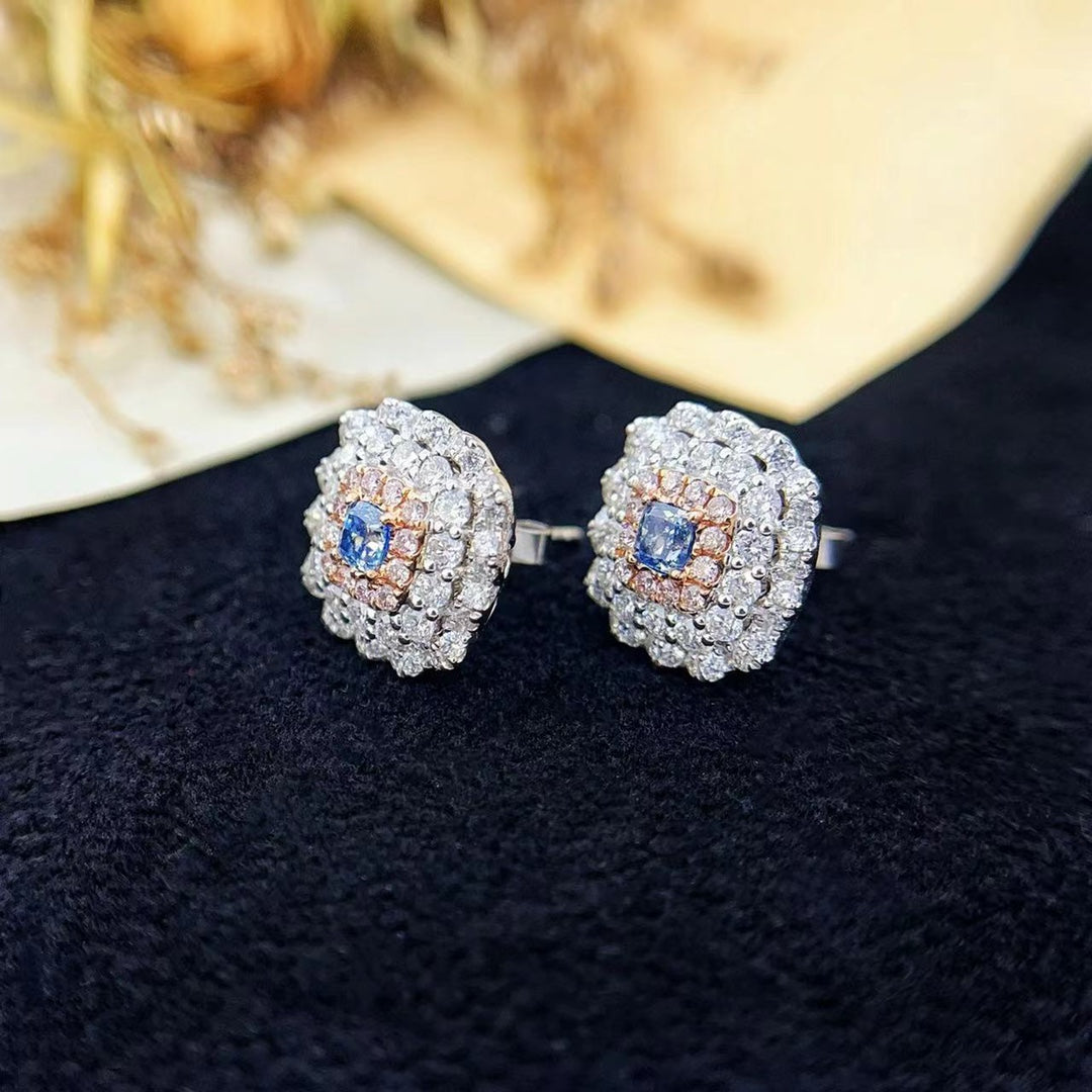 18K Gold Blue Diamond Cushion-Cut Halo Stud Earrings Jeweler.Jewelry