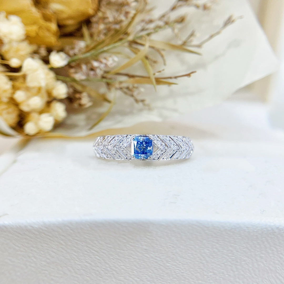 18K Gold Blue Diamond Cushion-Cut V-Row Ring | Premium Jewelry - Blue Diamond Ring