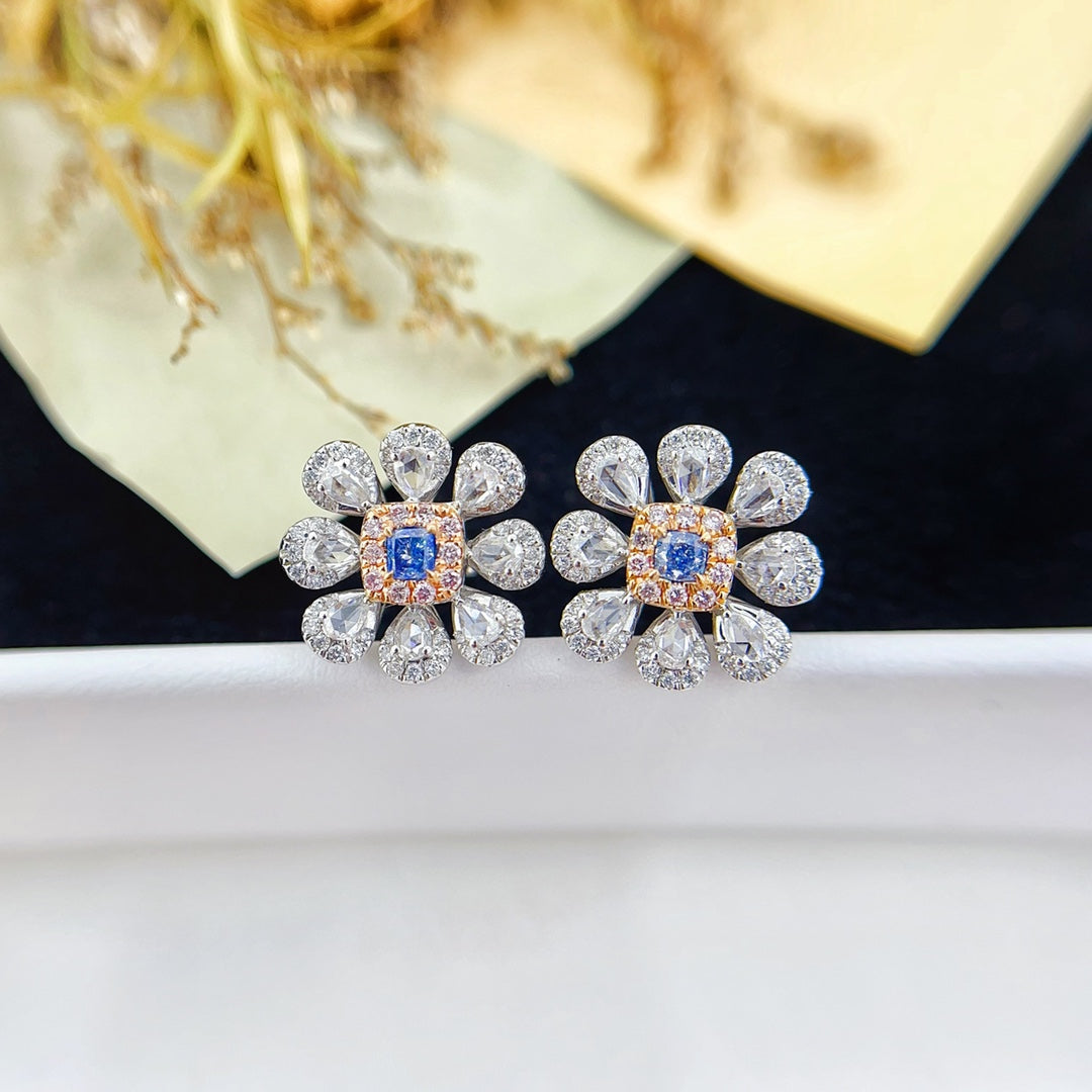 18K Gold Blue Diamond Cushion Rose Drop Earrings - Luxury Jewelry Jeweler.Jewelry