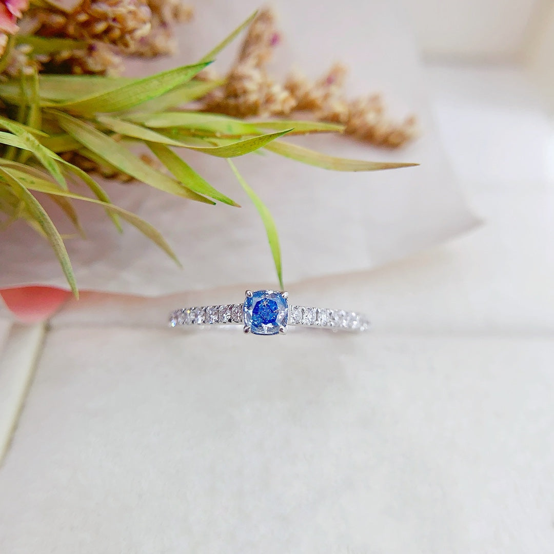 18K Gold Blue Diamond Cushion Shape Straight Arm Ring - Premium Jewelry - Blue Diamond Ring