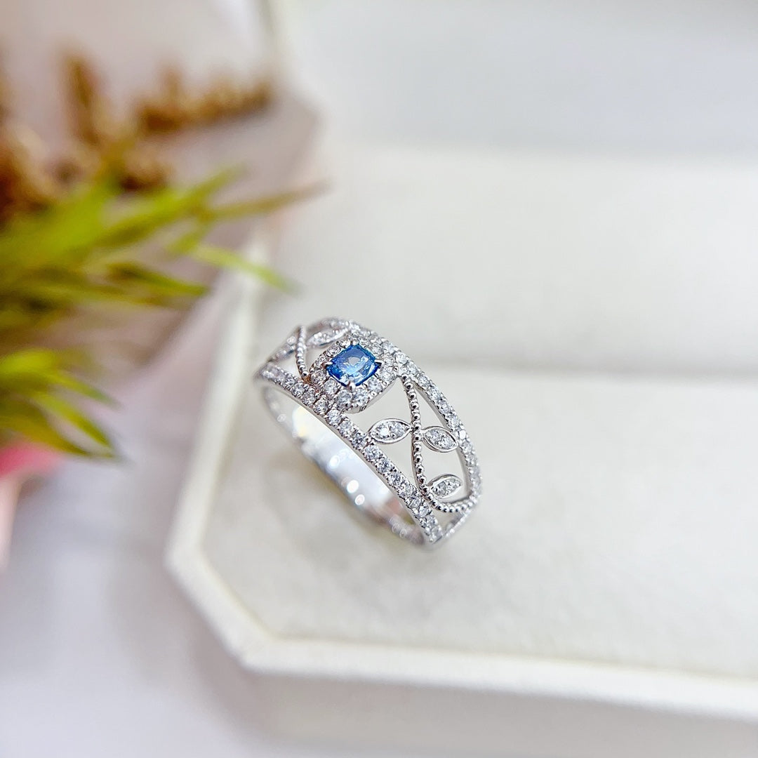 18K Gold Blue Diamond Cushion-Shaped Hollow Leaf Ring | Premium Jewelry - Blue Diamond Ring