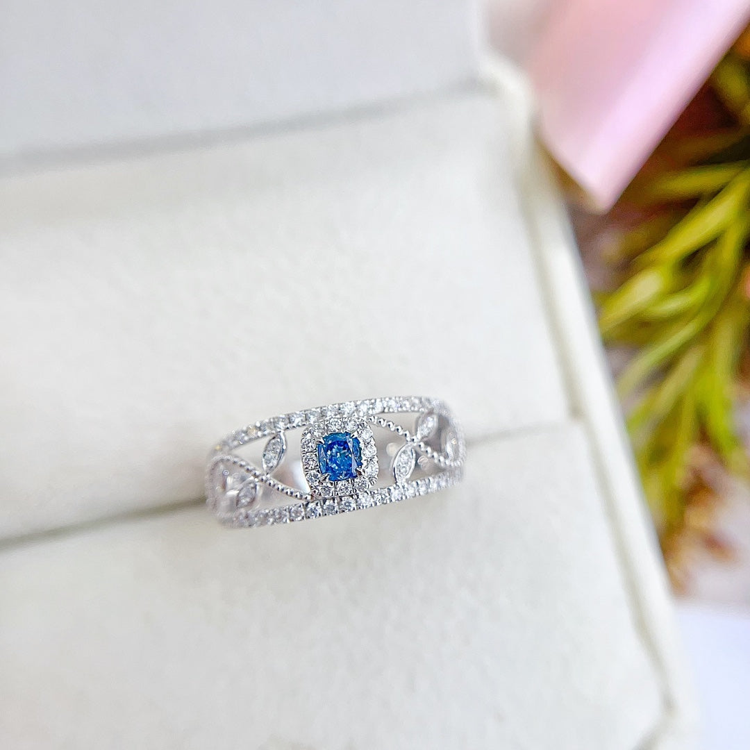 18K Gold Blue Diamond Cushion-Shaped Hollow Leaf Ring | Premium Jewelry - Blue Diamond Ring