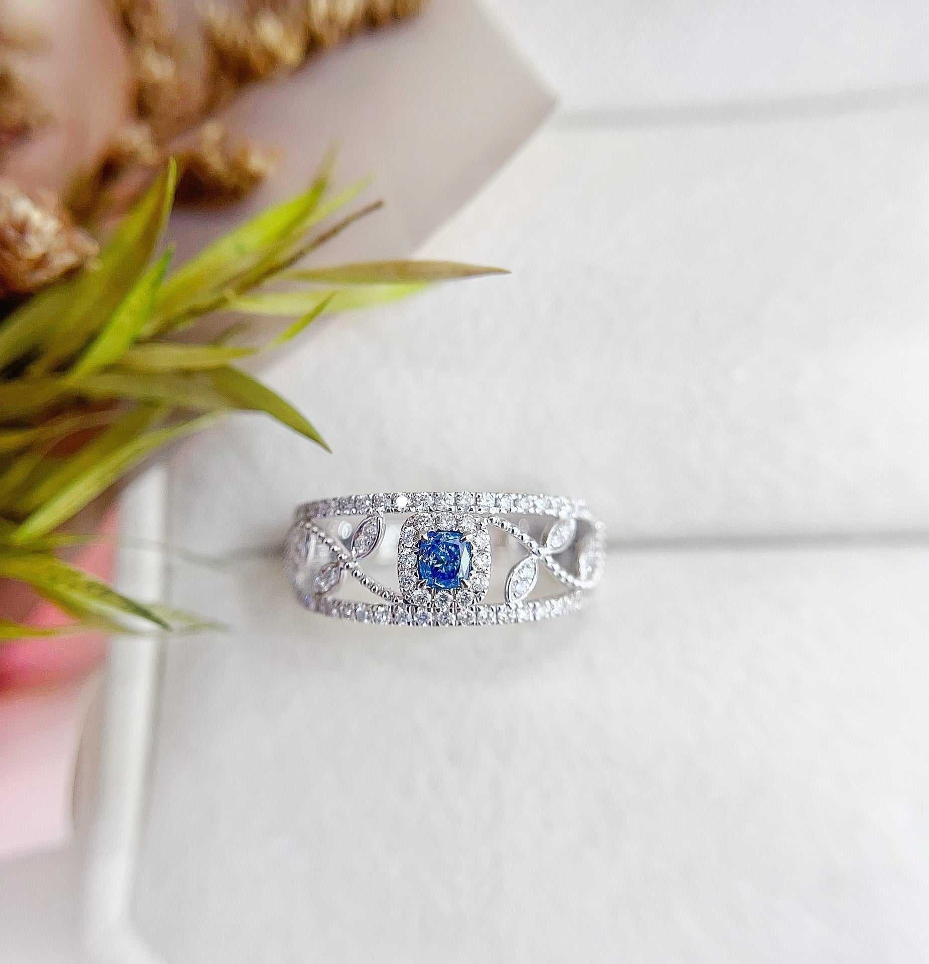 18K Gold Blue Diamond Cushion-Shaped Hollow Leaf Ring | Premium Jewelry - Blue Diamond Ring