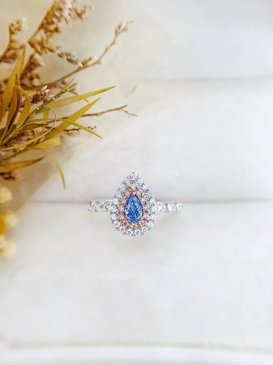 18K Gold Blue Diamond Double-Halo Bubble Ring | Luxurious Jewelry - Blue Diamond Ring