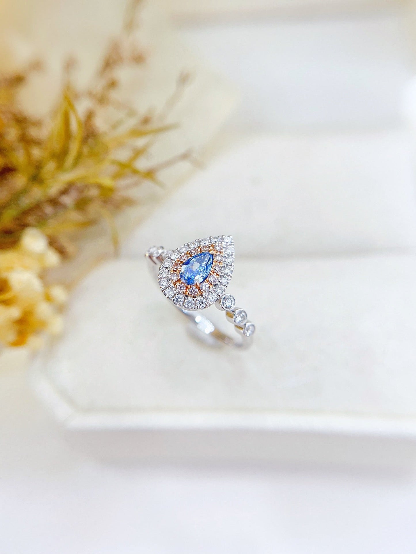 18K Gold Blue Diamond Double-Halo Bubble Ring | Luxurious Jewelry - Blue Diamond Ring