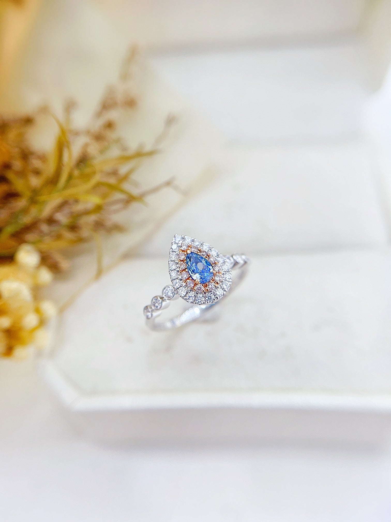 18K Gold Blue Diamond Double-Halo Bubble Ring | Luxurious Jewelry - Blue Diamond Ring