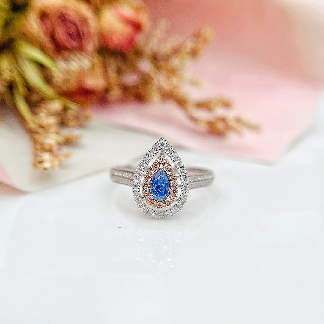 18K Gold Blue Diamond Drop Hollow Ring - Luxurious Jewelry - Blue Diamond Ring