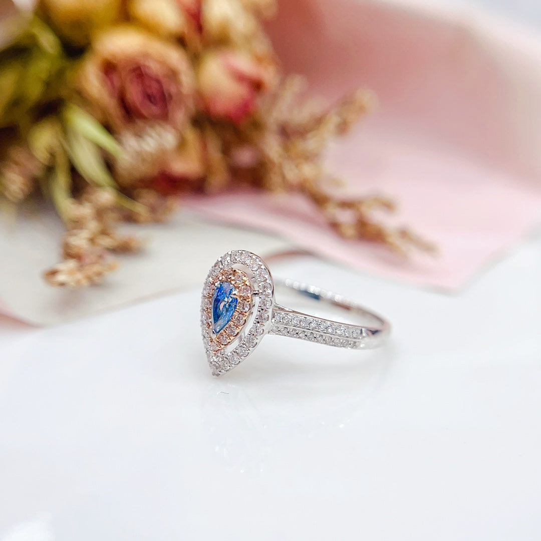 18K Gold Blue Diamond Drop Hollow Ring - Luxurious Jewelry - Blue Diamond Ring