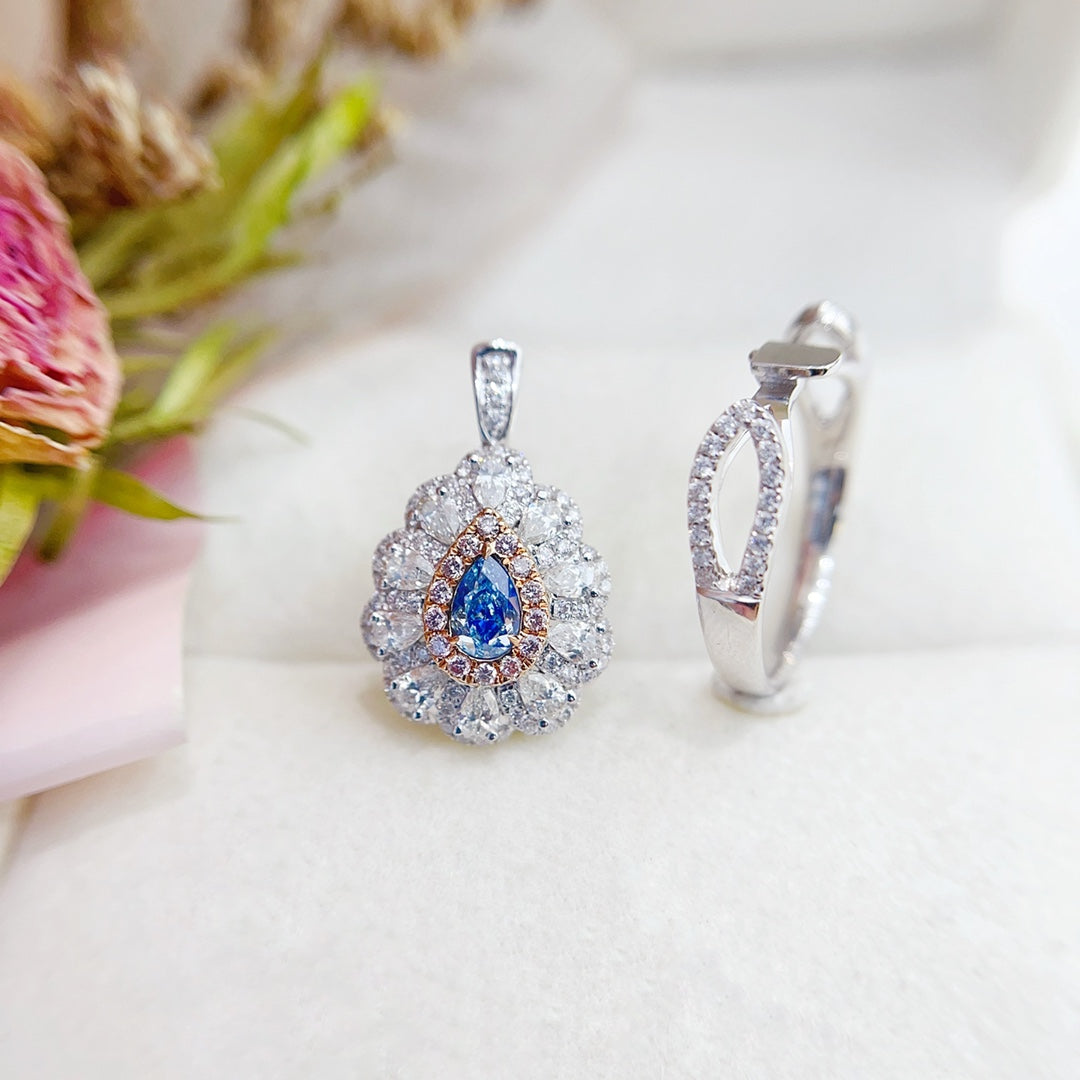 18K Gold Blue Diamond Drop Pendant with Surrounding Diamonds - Versatile Two-Way Wear Jewelry - Blue Diamond Ring