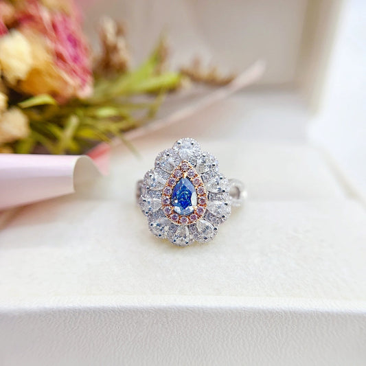 18K Gold Blue Diamond Drop Pendant with Surrounding Diamonds - Versatile Two-Way Wear Jewelry - Blue Diamond Ring