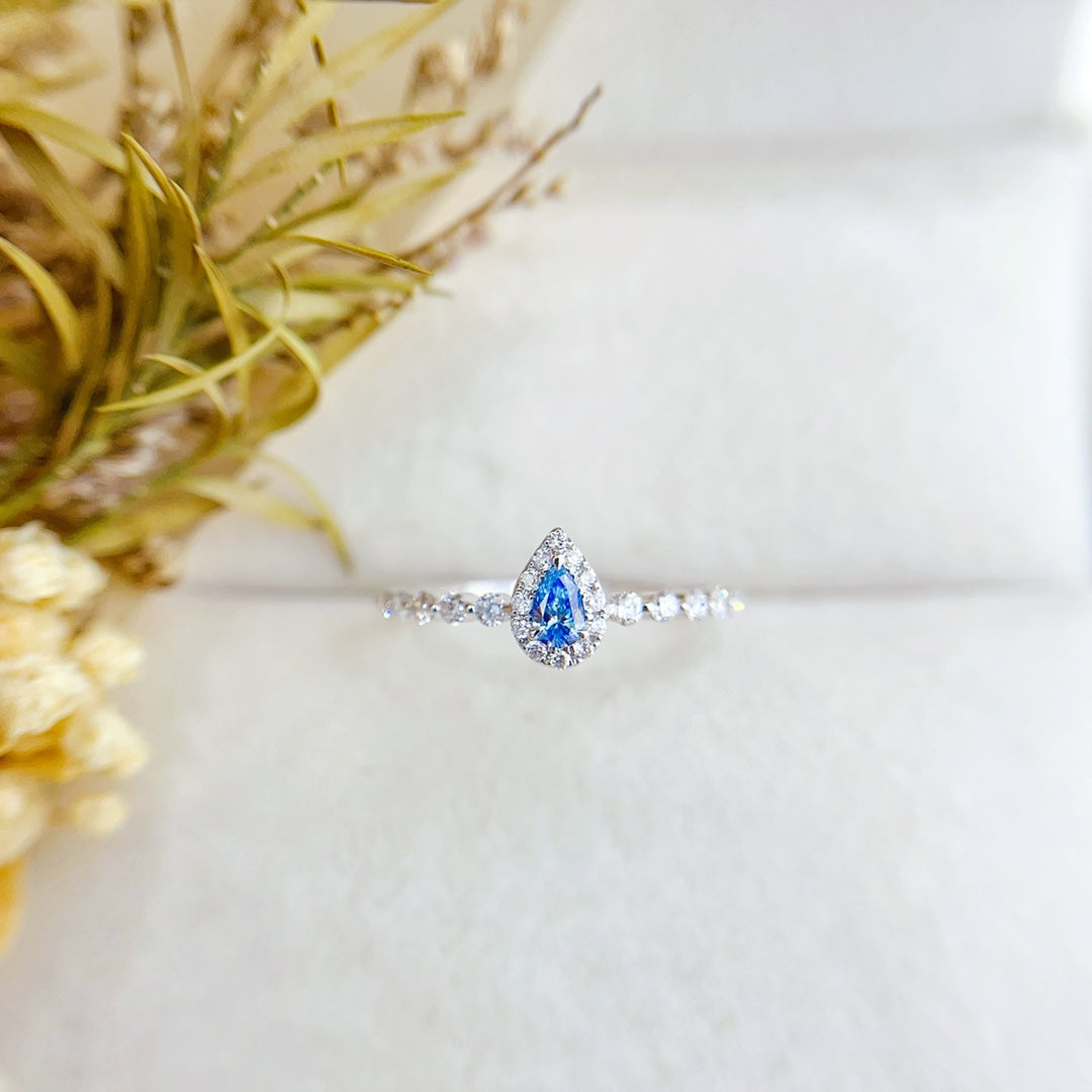 18K Gold Blue Diamond Drop Ring with Surrounding Diamonds - Luxury Jewelry - Blue Diamond Ring