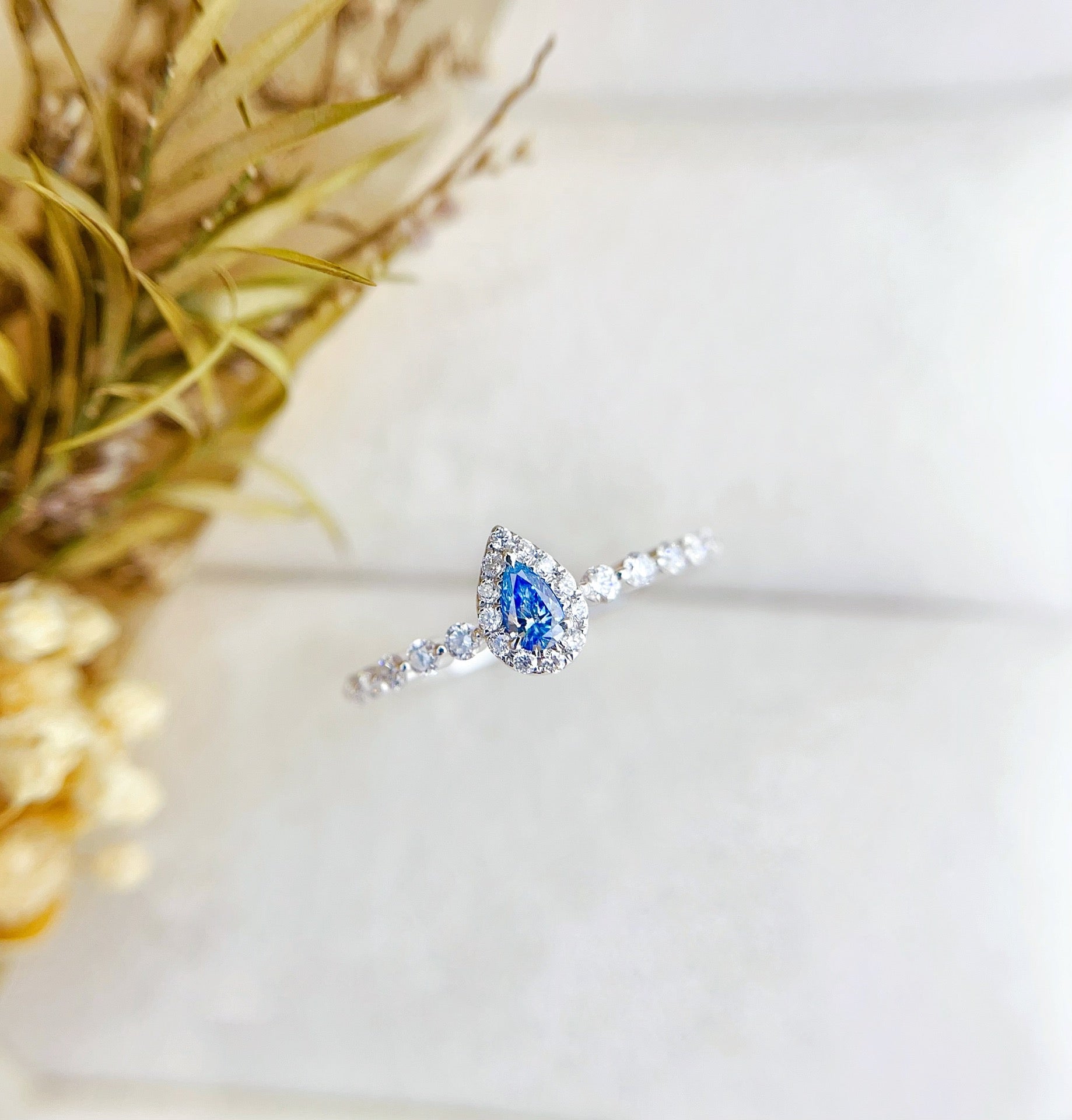 18K Gold Blue Diamond Drop Ring with Surrounding Diamonds - Luxury Jewelry - Blue Diamond Ring