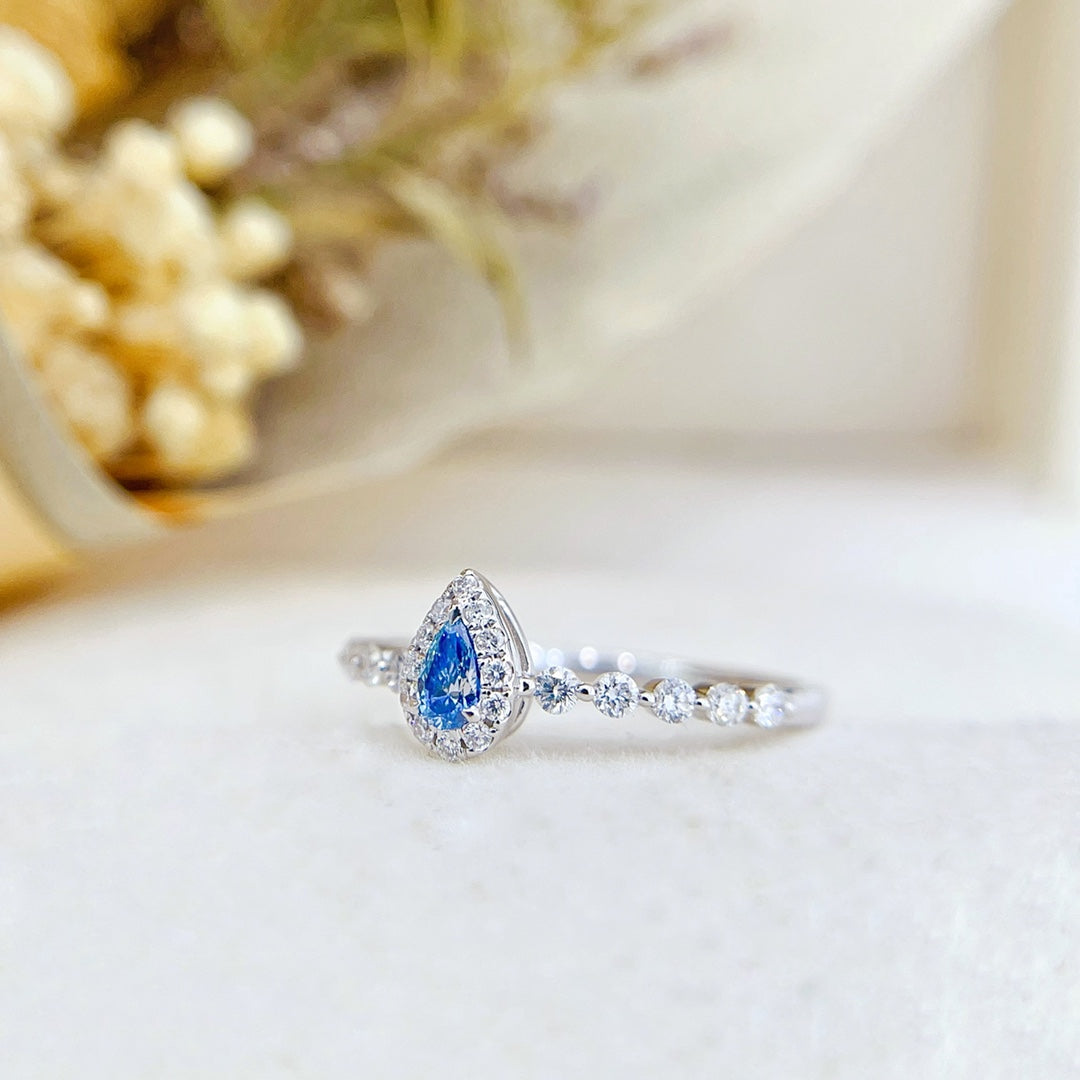 18K Gold Blue Diamond Drop Ring with Surrounding Diamonds - Luxury Jewelry - Blue Diamond Ring