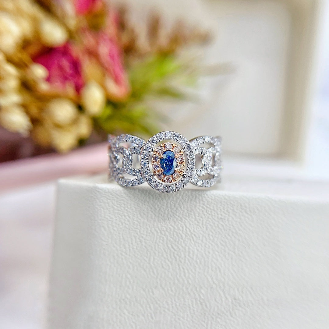 18K Gold Blue Diamond Elliptical Hollow Ring - Exquisite Jewelry - Blue Diamond Ring