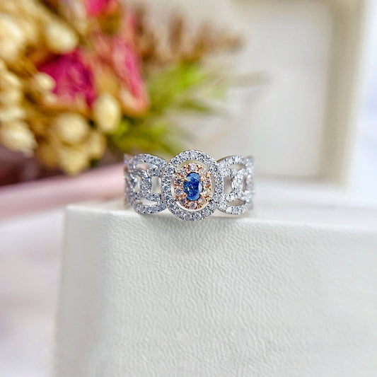 18K Gold Blue Diamond Elliptical Hollow Ring - Exquisite Jewelry - Blue Diamond Ring