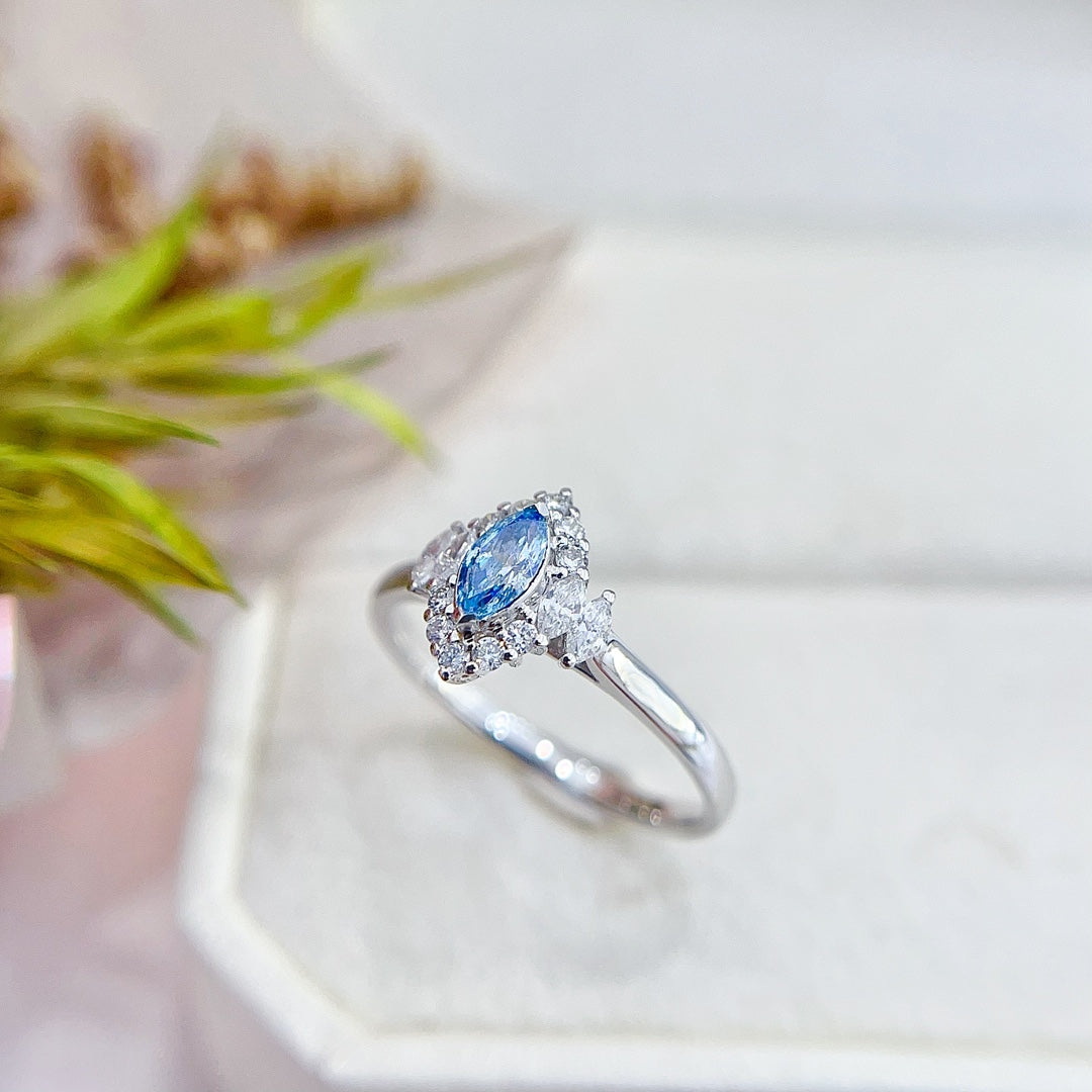 18K Gold Blue Diamond Marquise Double Stone Ring - Exquisite Jewelry - Blue Diamond Ring