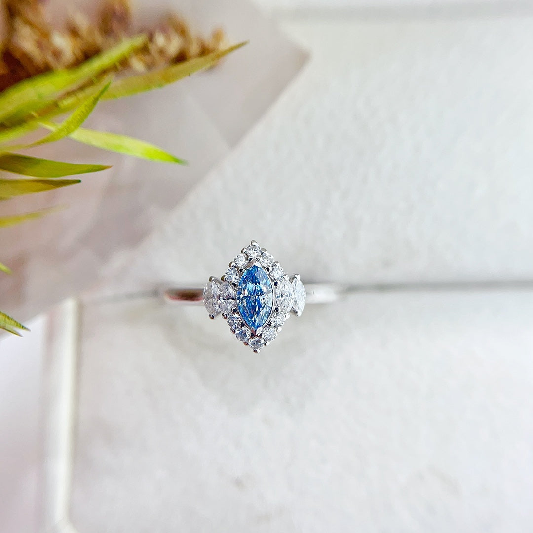 18K Gold Blue Diamond Marquise Double Stone Ring - Exquisite Jewelry - Blue Diamond Ring