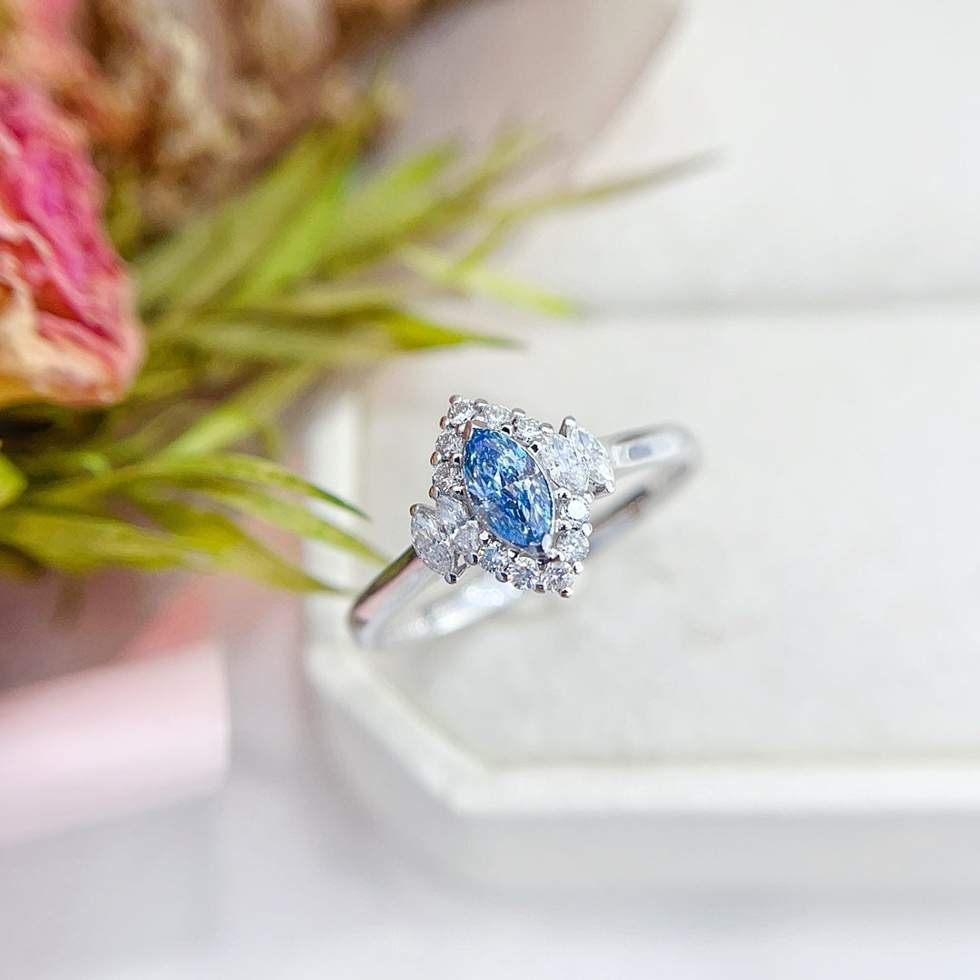 18K Gold Blue Diamond Marquise Double Stone Ring - Exquisite Jewelry - Blue Diamond Ring