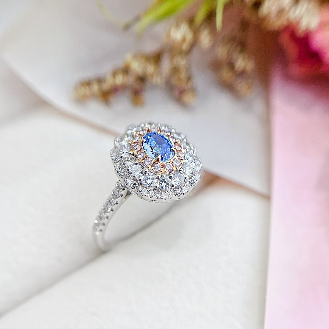 18K Gold Blue Diamond Oval Sunflower Ring - Premium Jewelry - Blue Diamond Ring