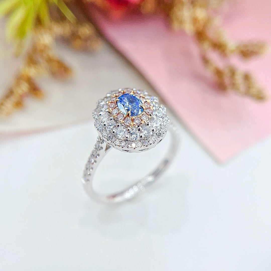 18K Gold Blue Diamond Oval Sunflower Ring - Premium Jewelry - Blue Diamond Ring