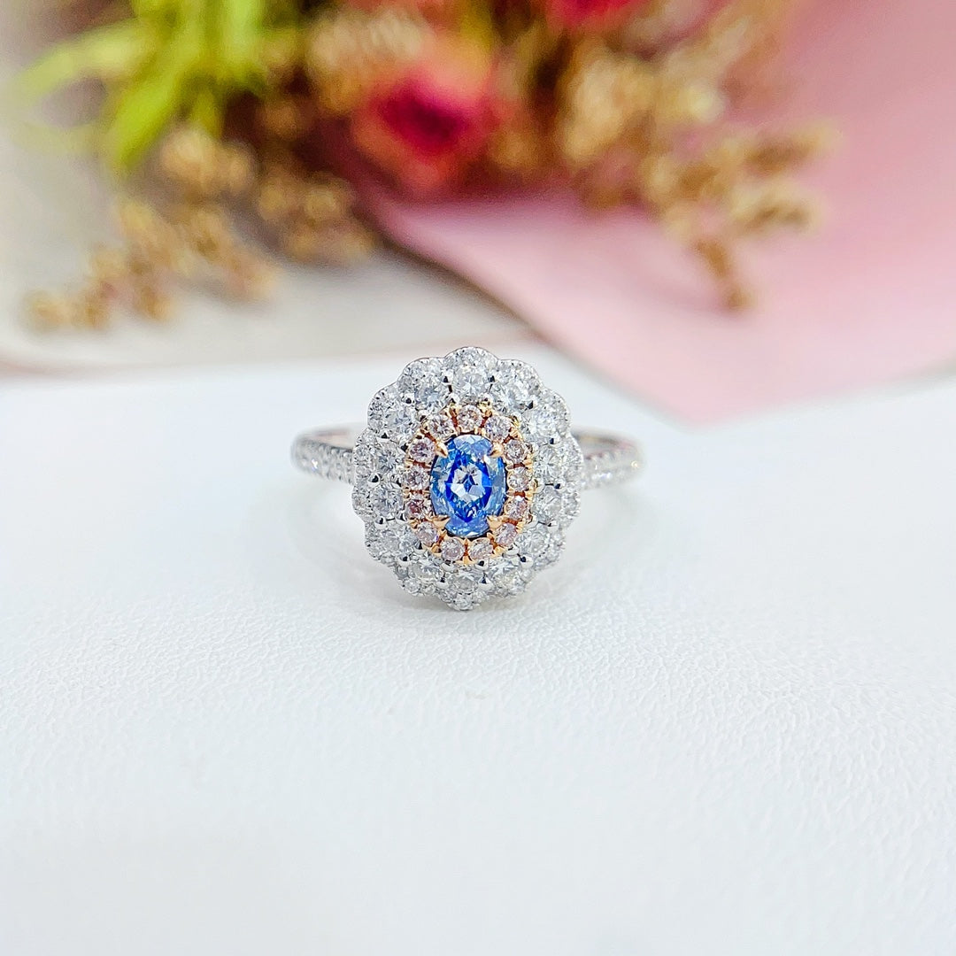 18K Gold Blue Diamond Oval Sunflower Ring - Premium Jewelry - Blue Diamond Ring