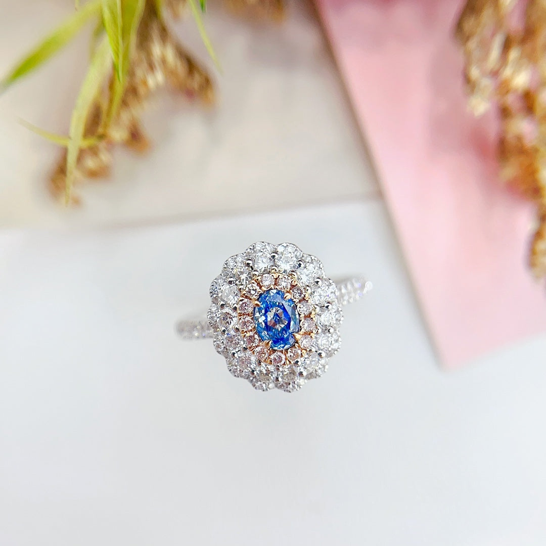 18K Gold Blue Diamond Oval Sunflower Ring - Premium Jewelry - Blue Diamond Ring