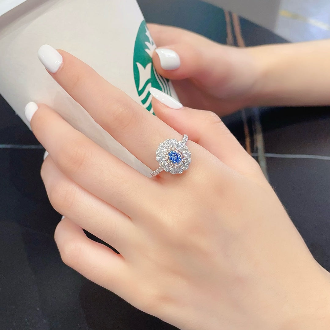 18K Gold Blue Diamond Oval Sunflower Ring - Premium Jewelry - Blue Diamond Ring