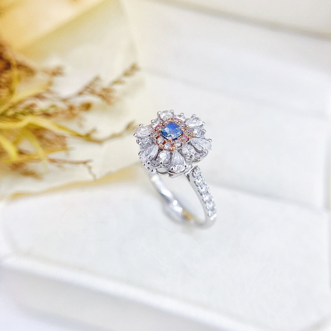 18K Gold Blue Diamond Pillow-Shaped Drop Flower Two-Way Wear Jewelry - Blue Diamond Ring