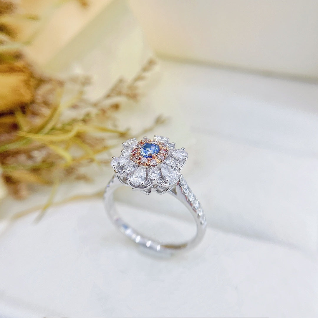 18K Gold Blue Diamond Pillow-Shaped Drop Flower Two-Way Wear Jewelry - Blue Diamond Ring