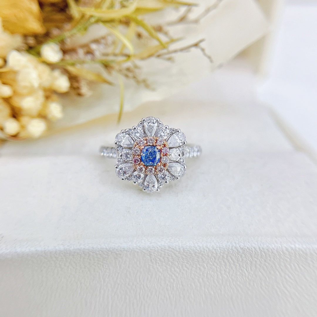 18K Gold Blue Diamond Pillow-Shaped Drop Flower Two-Way Wear Jewelry - Blue Diamond Ring