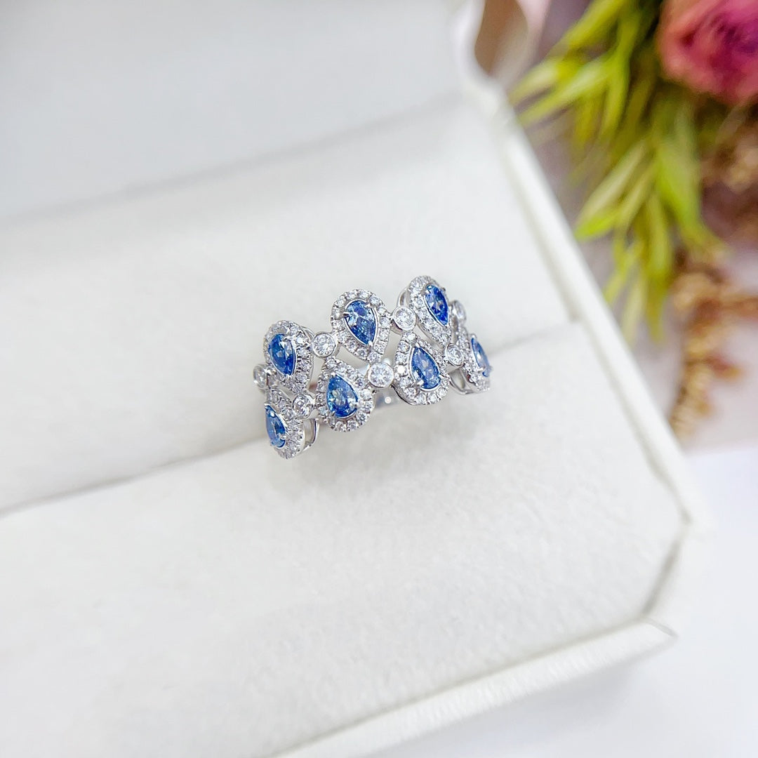 18K Gold Blue Diamond Seven-Drop Double Row Ring | Premium Jewelry - Blue Diamond Ring