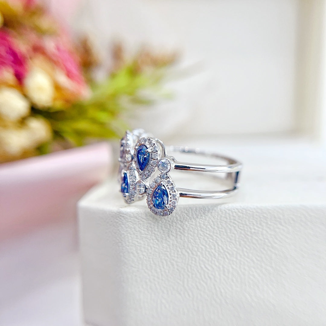 18K Gold Blue Diamond Seven-Drop Double Row Ring | Premium Jewelry - Blue Diamond Ring