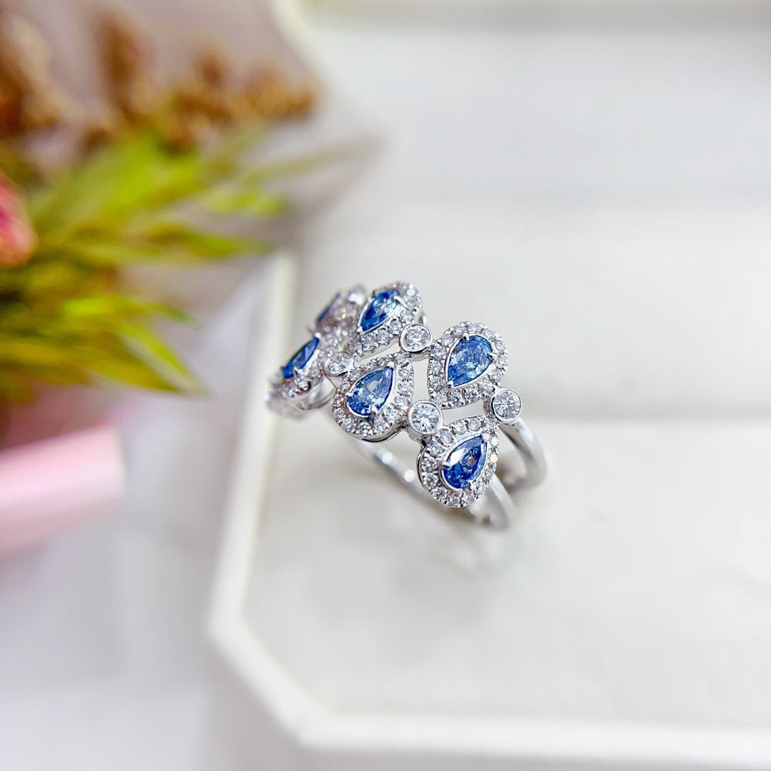 18K Gold Blue Diamond Seven-Drop Double Row Ring | Premium Jewelry - Blue Diamond Ring