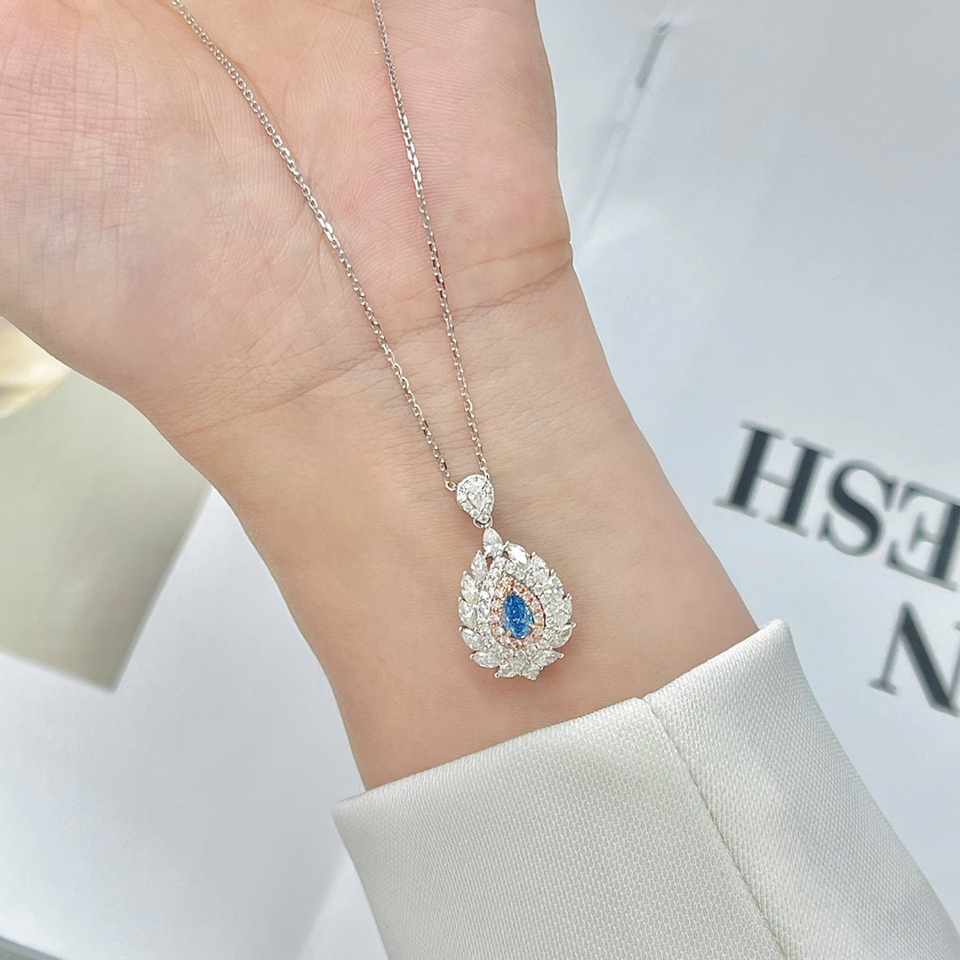 18K Gold Blue Diamond Waterdrop Surrounding Marquise Leaf Necklace | Jewelry - Blue Diamond Necklace