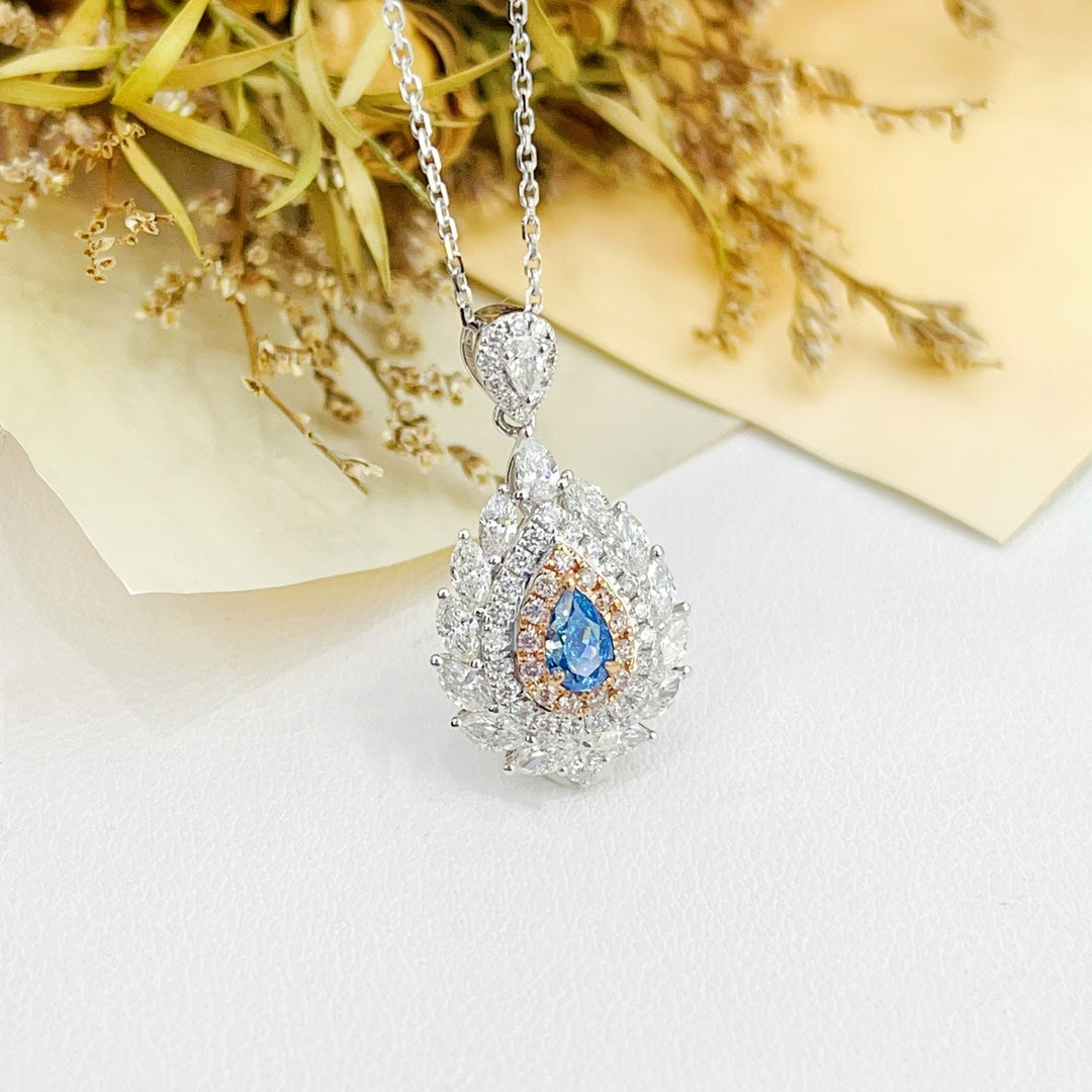 18K Gold Blue Diamond Waterdrop Surrounding Marquise Leaf Necklace | Jewelry - Blue Diamond Necklace