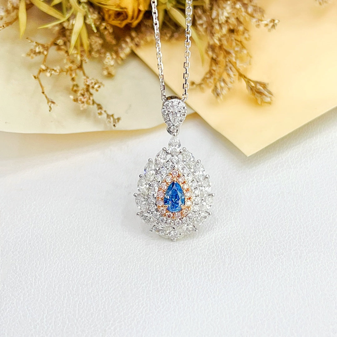 18K Gold Blue Diamond Waterdrop Surrounding Marquise Leaf Necklace | Jewelry - Blue Diamond Necklace