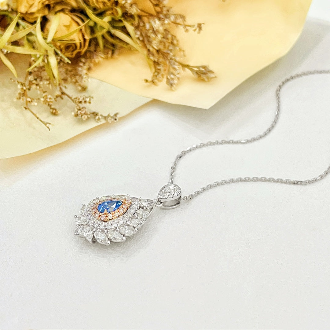 18K Gold Blue Diamond Waterdrop Surrounding Marquise Leaf Necklace | Jewelry - Blue Diamond Necklace