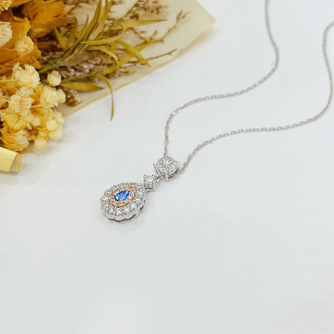 18K Gold Blue Diamond Waterdrop Sweet Necklace | Premium Jewelry - Blue Diamond Necklace