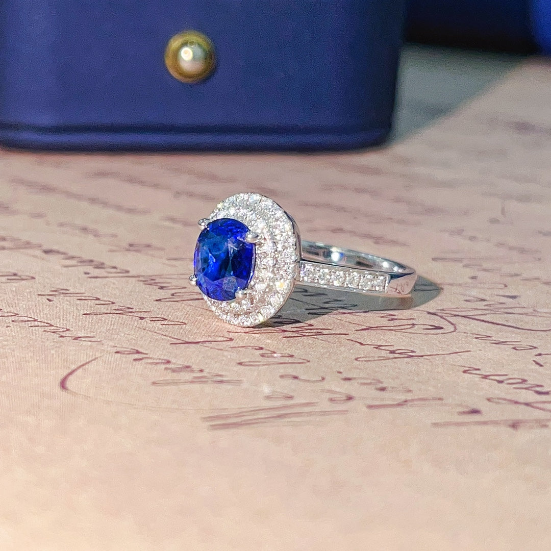 18K Gold Blue Sapphire Oval Double Halo Women’s Ring - Luxury Jewelry - Blue Treasure Ring