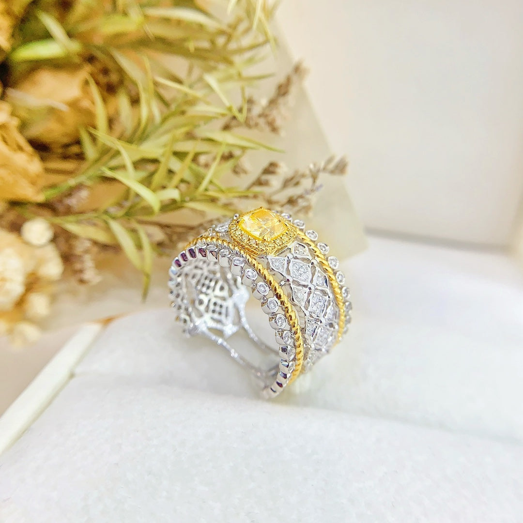 18K Gold Cushion-Cut White and Yellow Diamond Lace Edge Ring | Premium Jewelry - Yellow Diamond Ring