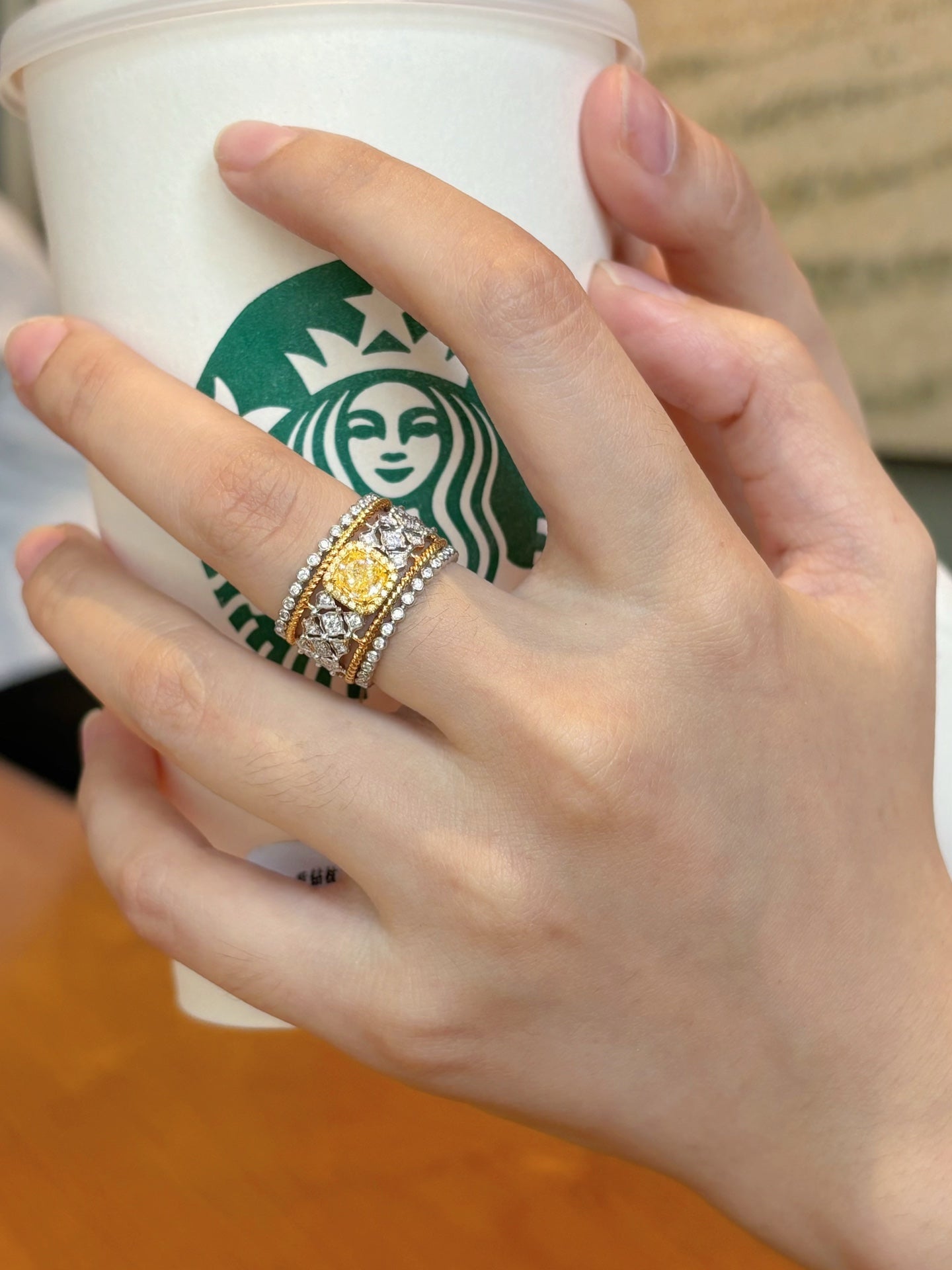 18K Gold Cushion-Cut White and Yellow Diamond Lace Edge Ring | Premium Jewelry - Yellow Diamond Ring