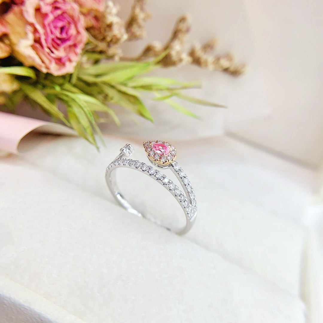 18K Gold Diamond and Pink Sapphire Delicate Drop Ring | Jewelry Collection - Pink Diamond Ring