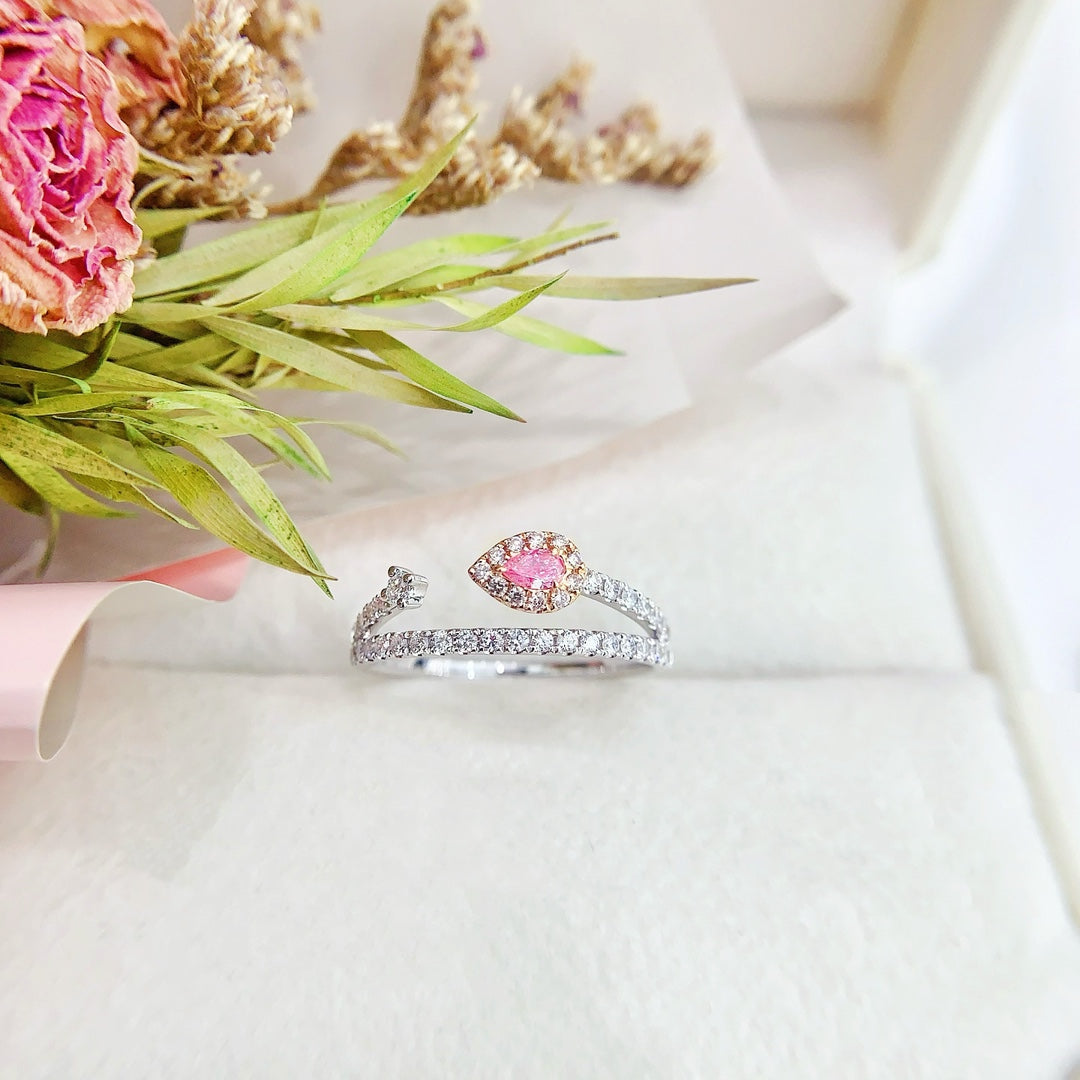 18K Gold Diamond and Pink Sapphire Delicate Drop Ring | Jewelry Collection - Pink Diamond Ring