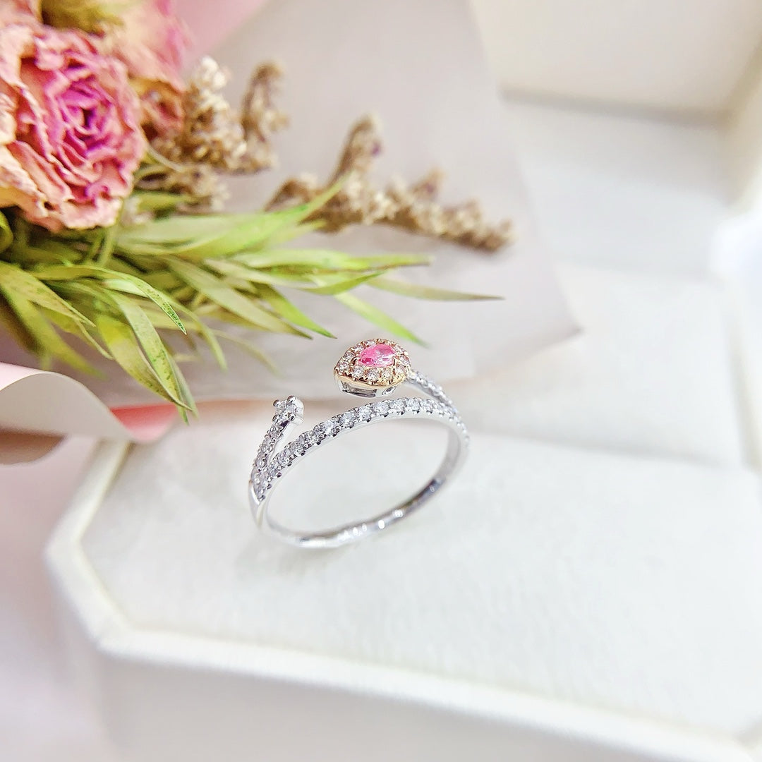 18K Gold Diamond and Pink Sapphire Delicate Drop Ring | Jewelry Collection - Pink Diamond Ring