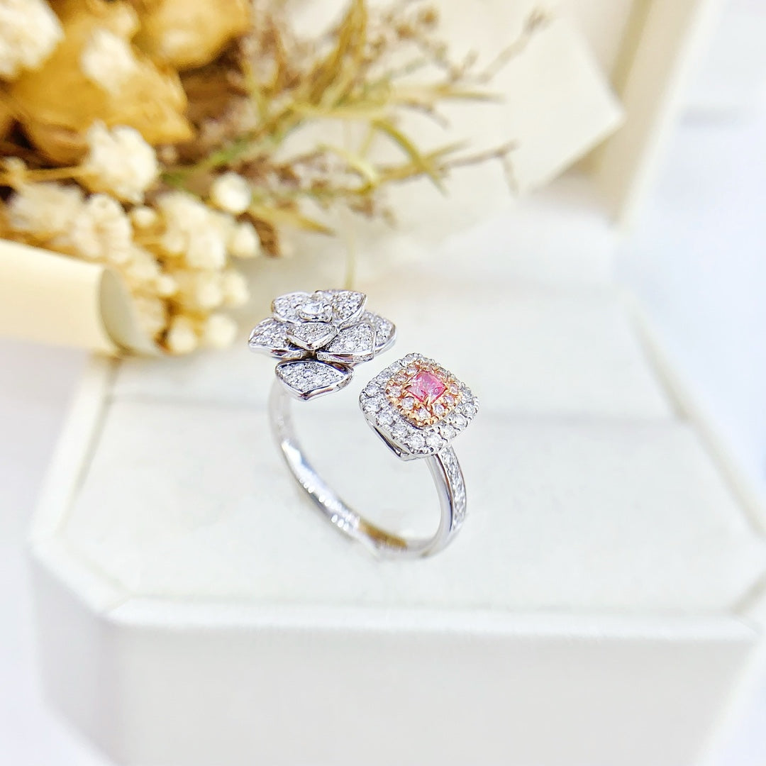 18K Gold Diamond and Pink Sapphire Marquise-Shaped Open Ring | Elegant Jewelry - Pink Diamond Ring