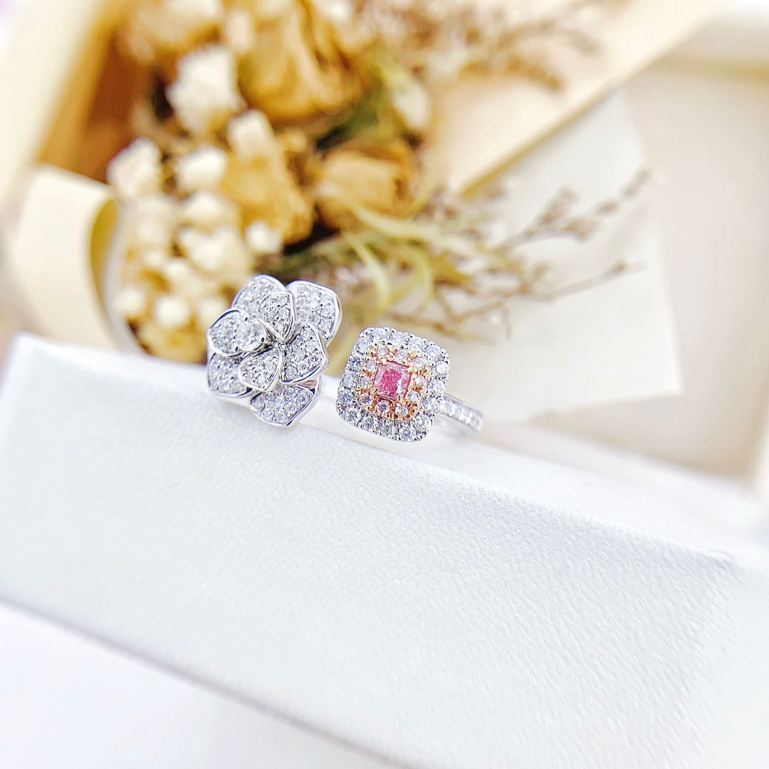 18K Gold Diamond and Pink Sapphire Marquise-Shaped Open Ring | Elegant Jewelry - Pink Diamond Ring