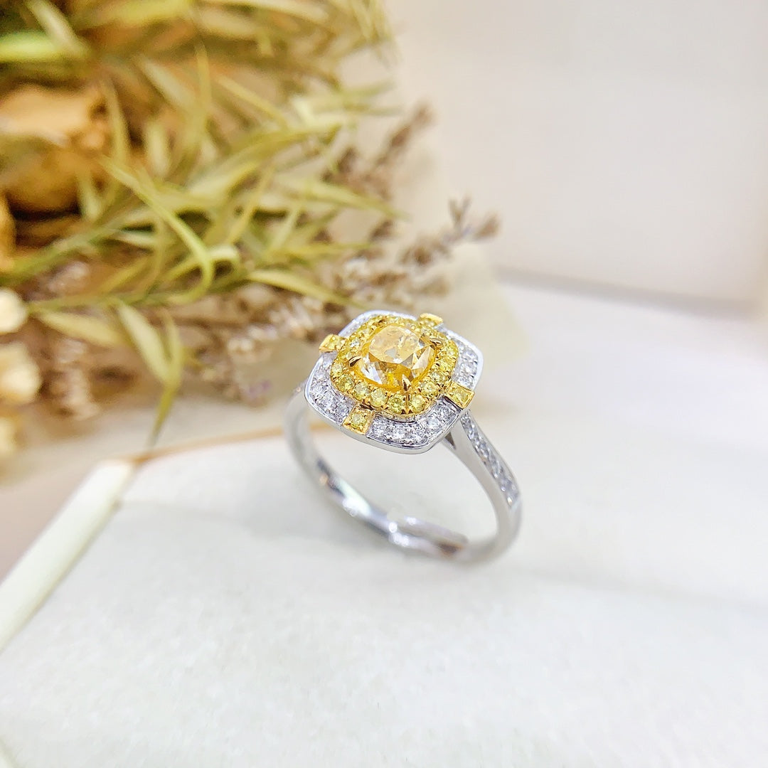 18K Gold Diamond Cushion Double Halo Ring - Premium Jewelry - Yellow Diamond Ring