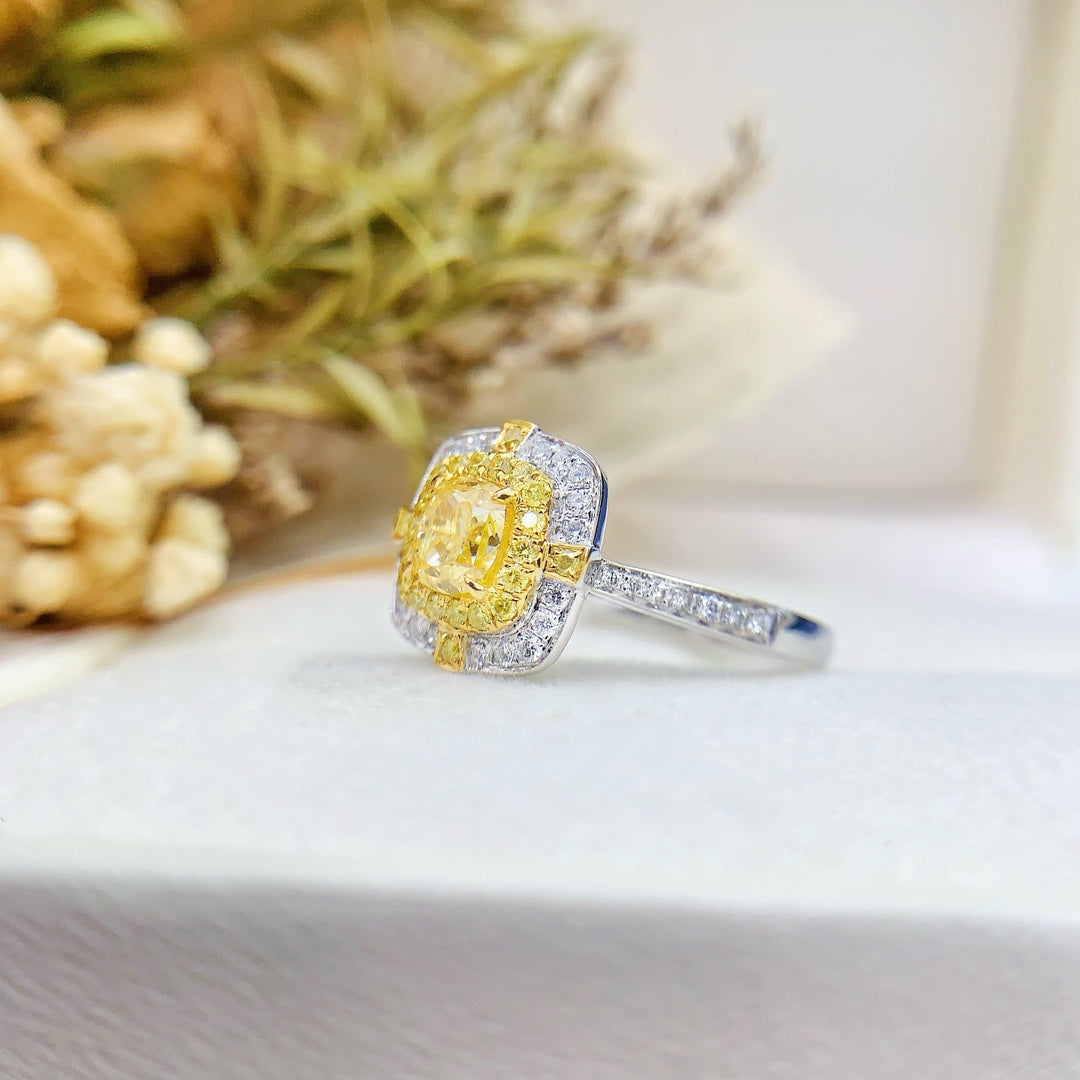 18K Gold Diamond Cushion Double Halo Ring - Premium Jewelry - Yellow Diamond Ring