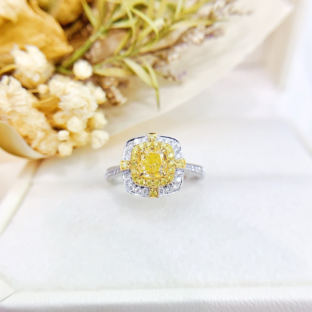 18K Gold Diamond Cushion Double Halo Ring - Premium Jewelry - Yellow Diamond Ring